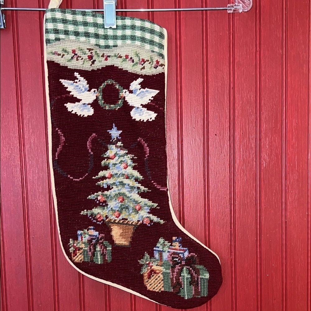 Vintage Needlepoint Wool Festive Holiday Christmas Stocking with Tree and Gifts - Picture 2 of 10